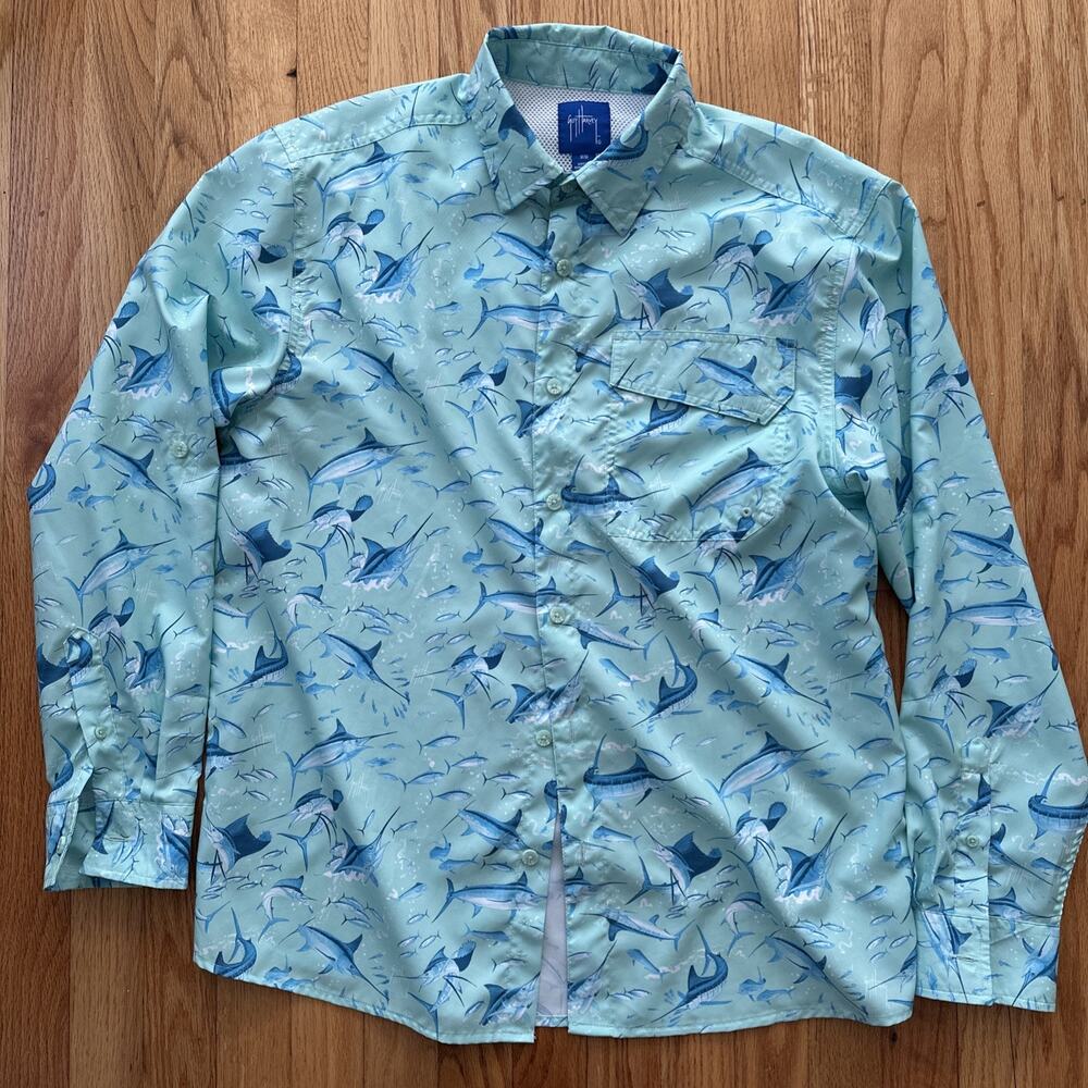 Guy Harvey Marlin Print Fishing Shirt Sz M Long Sleeve Button Up Ocean Fish